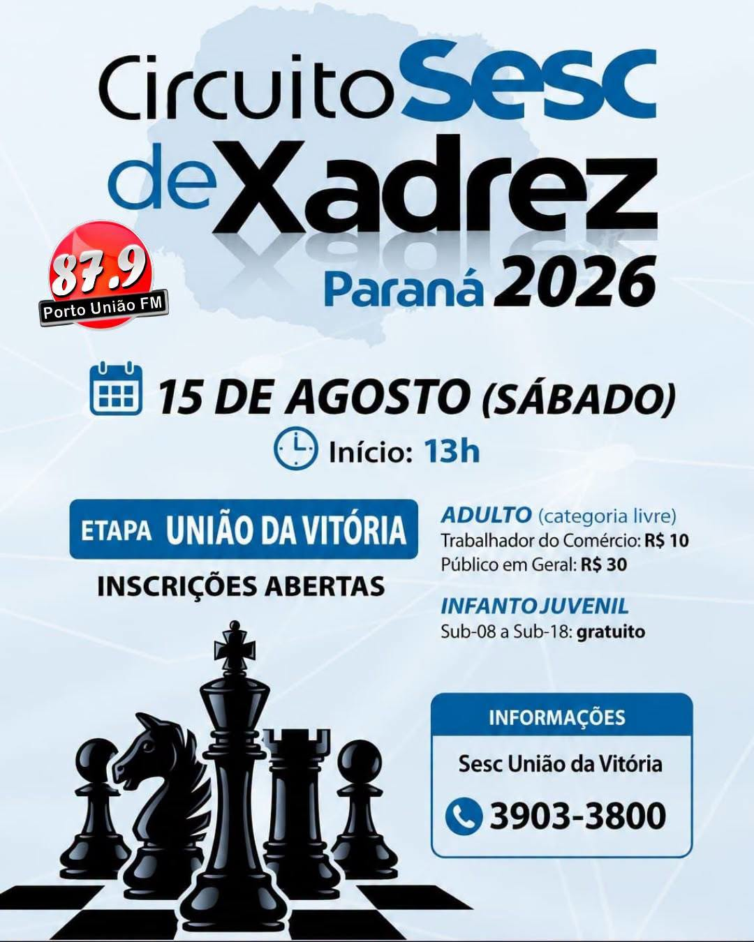 Circuito Sesc de Xadrez Paraná 2026 terá etapa em União da Vitória neste sábado