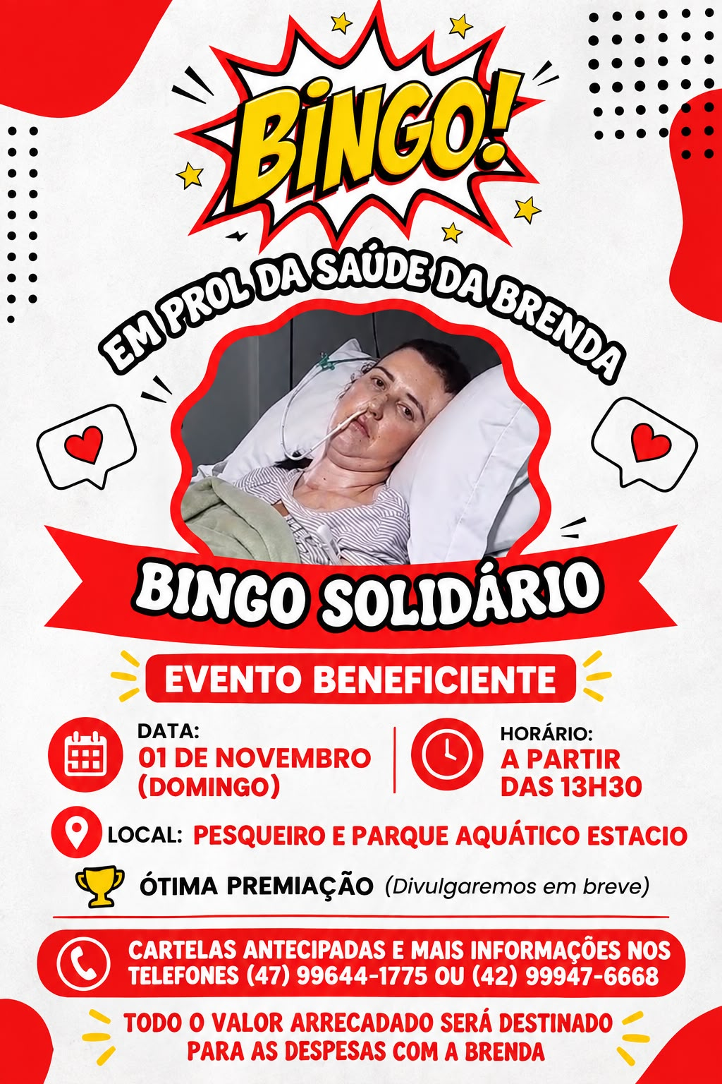 Bingo solidário será realizado em benefício a saúde de Brenda no dia 1º de novembro