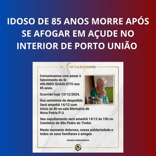 IDOSO DE 85 ANOS MORRE AFOGADO EM AÇUDE NO INTERIOR DE PORTO UNIÃO