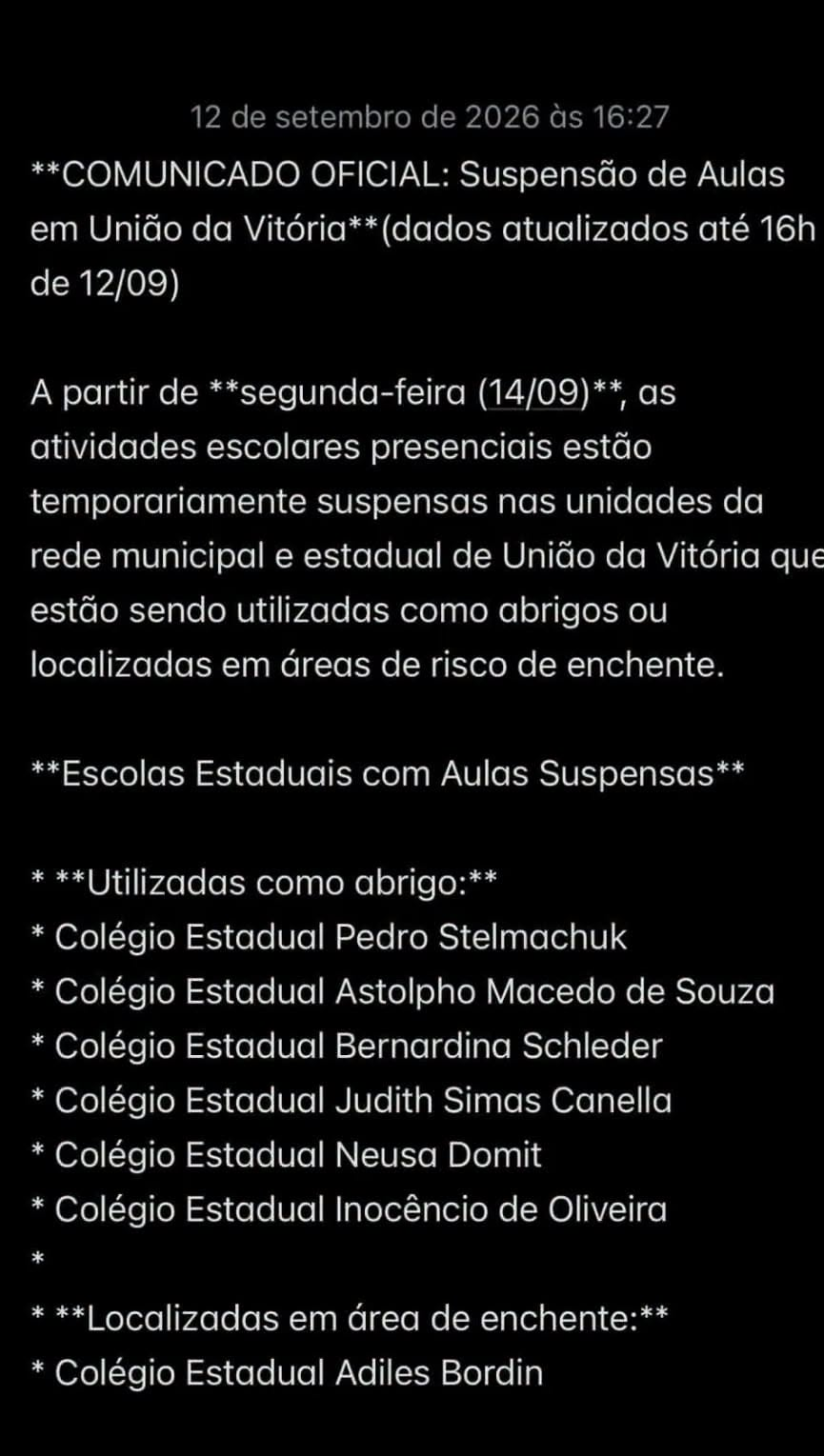 União da Vitória suspende aulas presenciais em escolas afetadas pela enchente a partir de segunda-feira