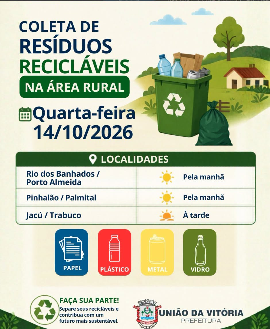 Esta quarta-feira, 14 é dia de coleta de resíduos recicláveis nas localidades do interior.