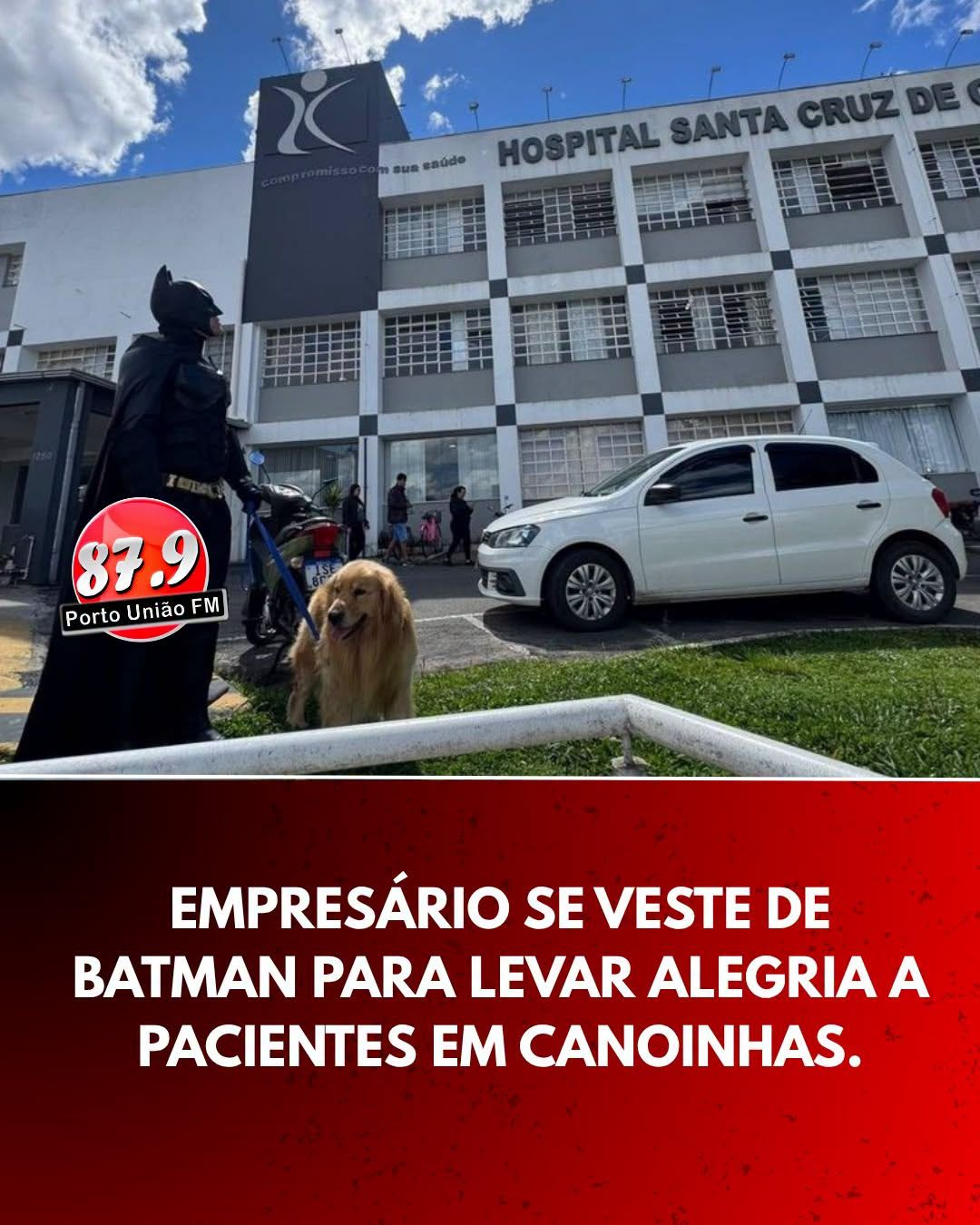 O empresário canoinhense Carlos Eduardo da Silva, sócio-administrador da Autonorte Veículos, vestiu-se de Batman para visitar pacientes do Hospital Santa Cruz de Canoinhas.