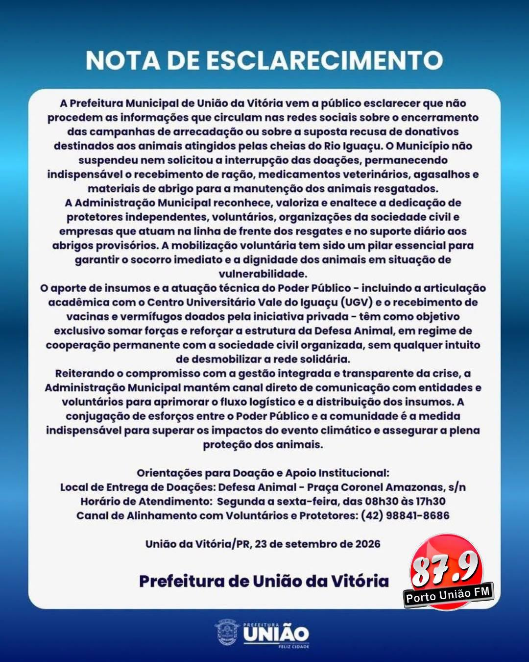 Prefeitura de União da Vitória esclarece que doações para animais atingidos pelas cheias continuam sendo necessárias.