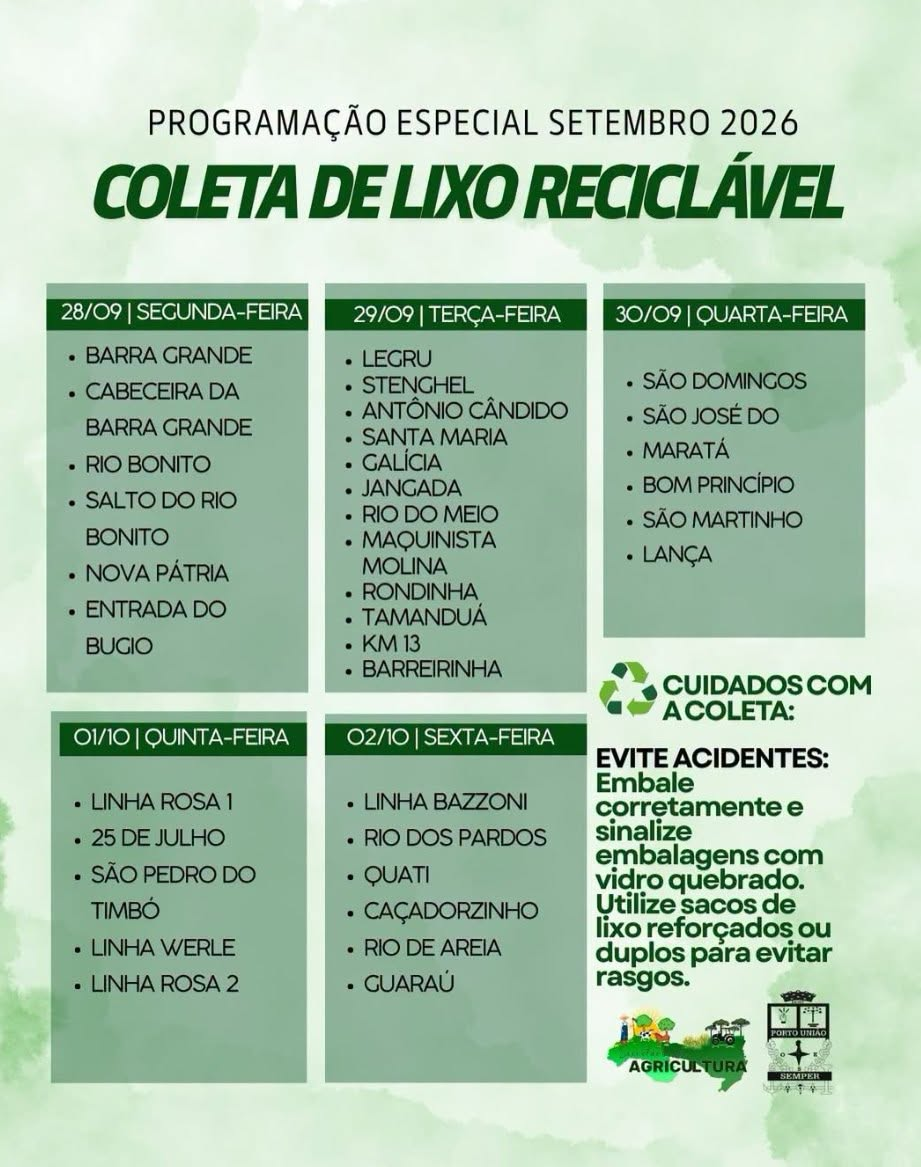 Divulgada a programação da Coleta de Lixo Reciclável no interior de Porto União