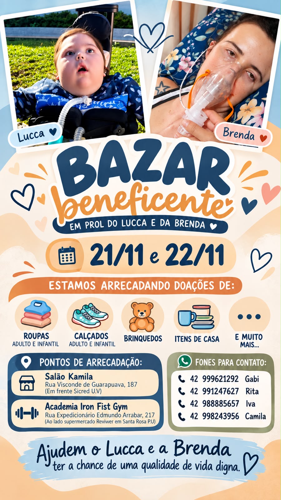 Bazar beneficente arrecada doações para Lucca e Brenda