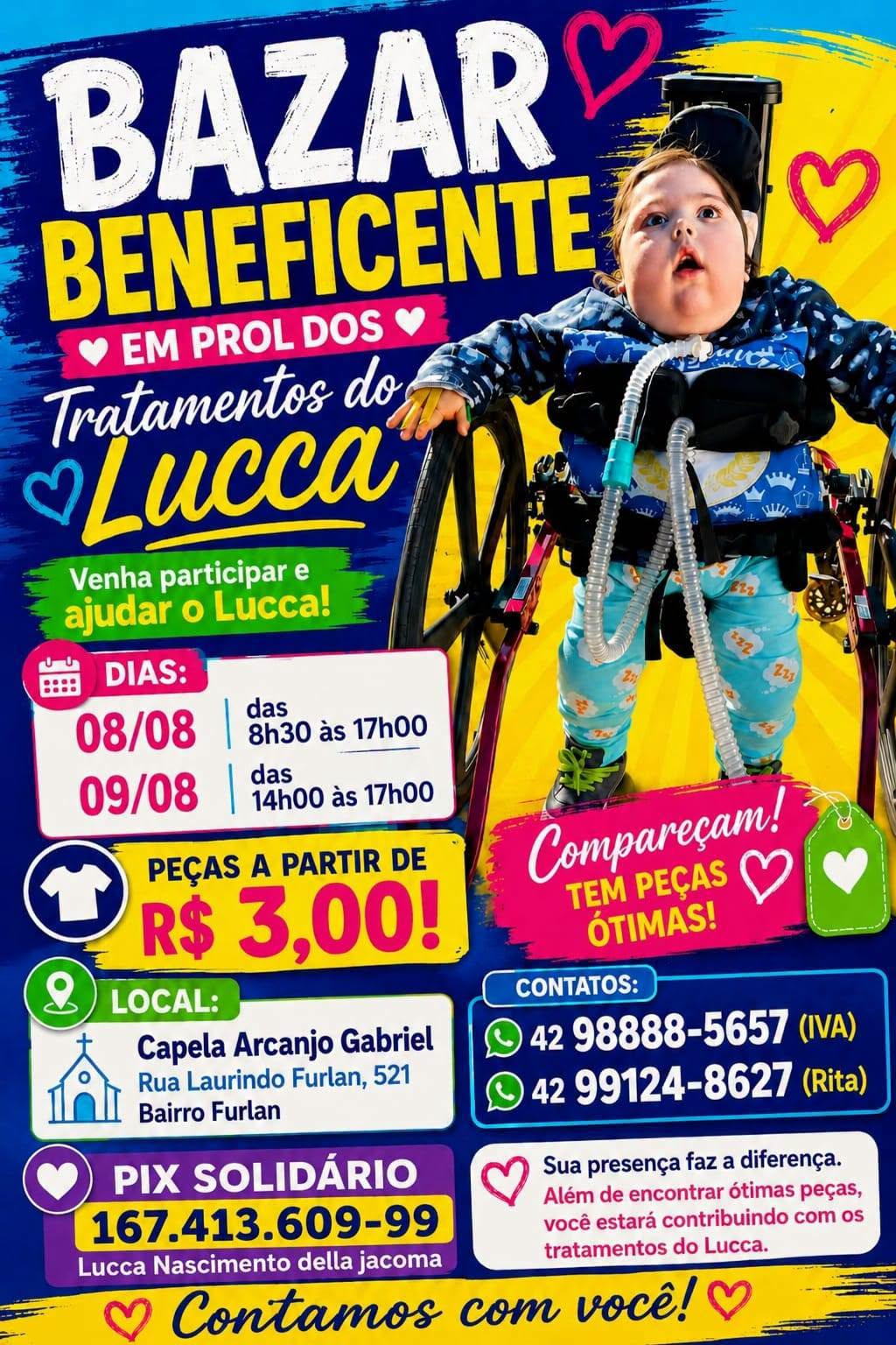 Bazar beneficente arrecada recursos para custear tratamento do pequeno Lucca